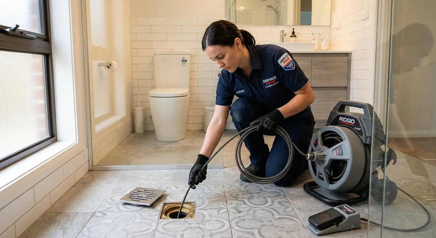 Technician clearing a bathroom floor drain for Sewer Line Installation in Bolivar